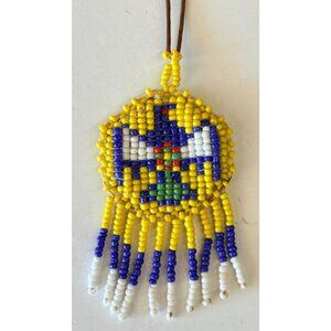 Vintage Native American Seed Beaded Handmade Medallion Necklace Leather Back